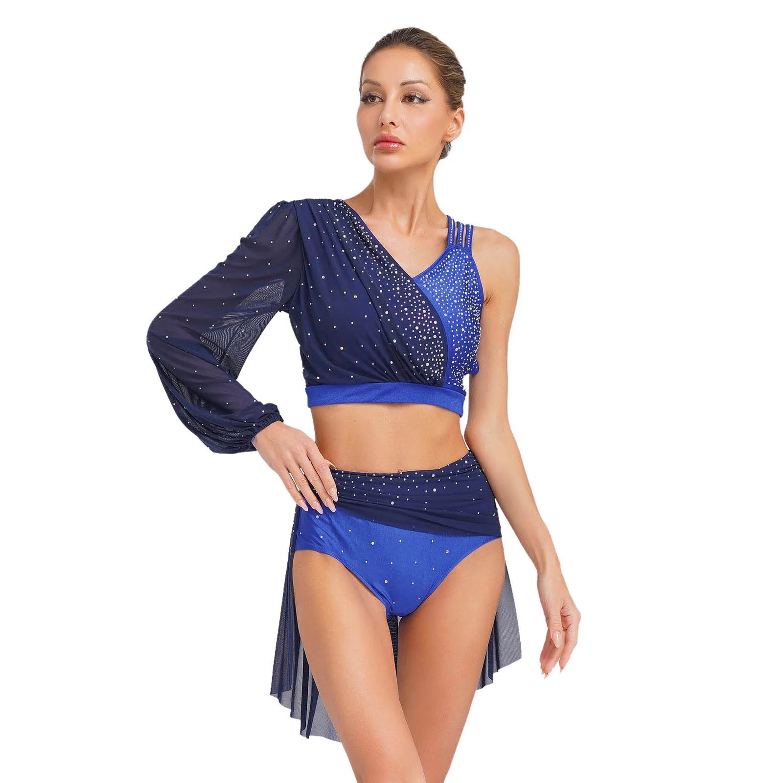 Modern Ballet Dance Set for Women Mesh Top with Skirted Briefs 2 Piece Lyrical Outfits Ballerina Girls Stage Performance Costume