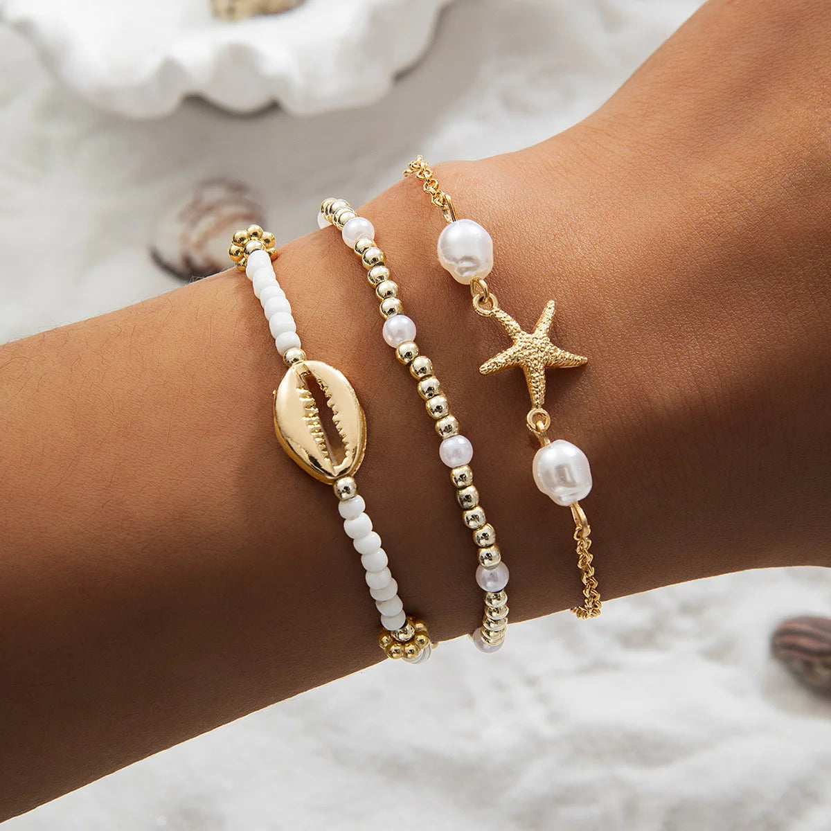 Juego de Pulseras de Cuentas de Estrellas de Mar y Conchas Bohemias para Mujer, Moda Verano Playa, Pulseras de Perlas Multicapa Apiladas, Regalos de Joyería para Fiestas