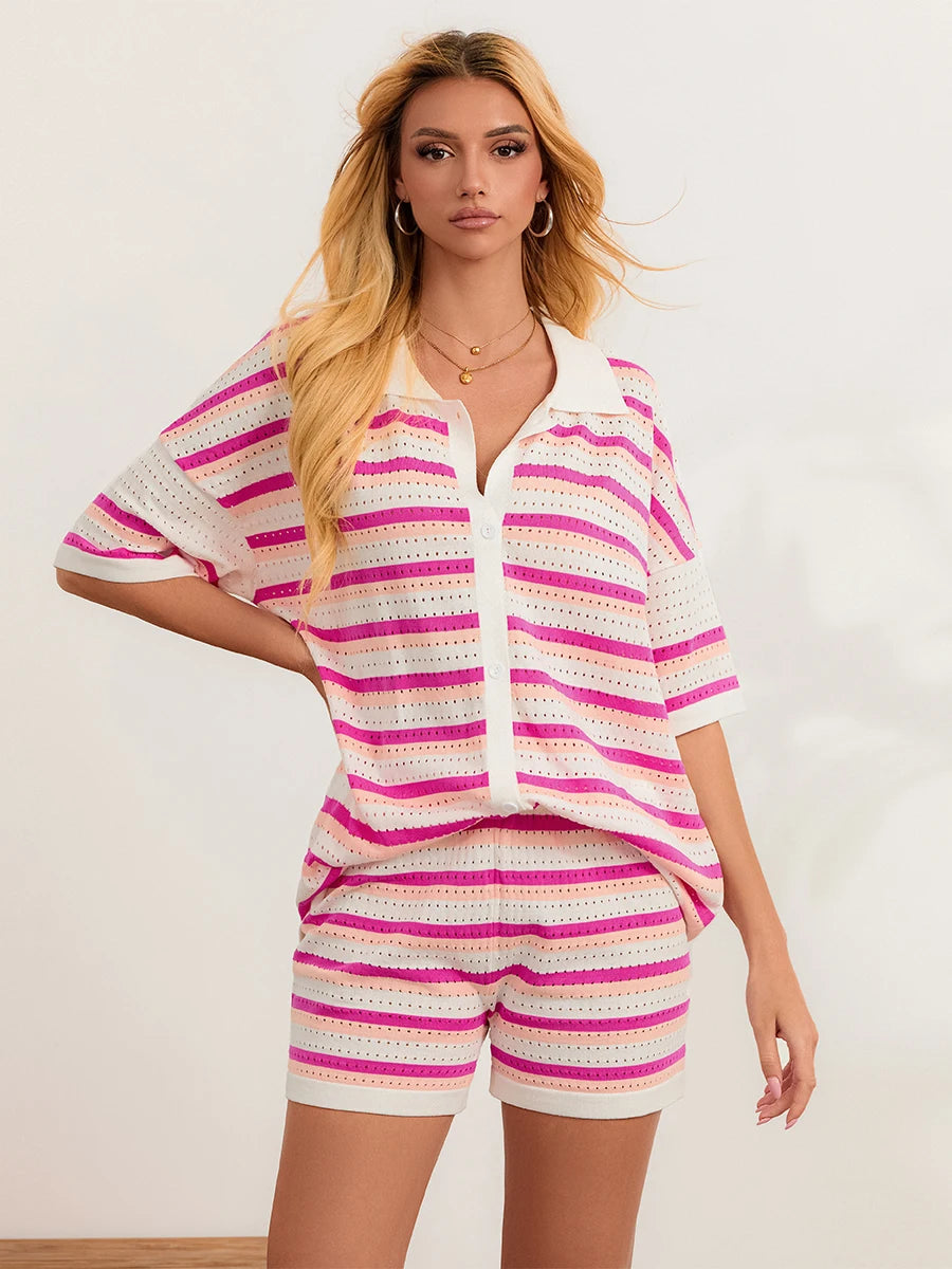 Conjunto de Pijama de Mujer de 2 Piezas Trajes de Salón Verano Rayas Contraste de Color Botón Tops de Punto de Ganchillo y Pantalones Cortos Conjuntos de Salón Playa