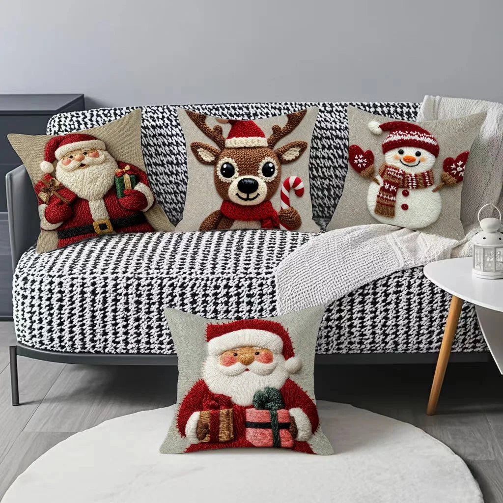 Funda de almohada navideña – Diseño de Papá Noel, muñeco de nieve y alce