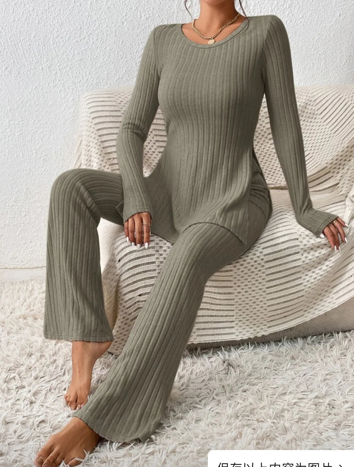 Ropa de Mujer Otoño Invierno Nuevo Estilo Color Sólido Sexy Casual Manga Larga Cuello Redondo Rajado Moda Temperamento Conjunto de Dos Piezas