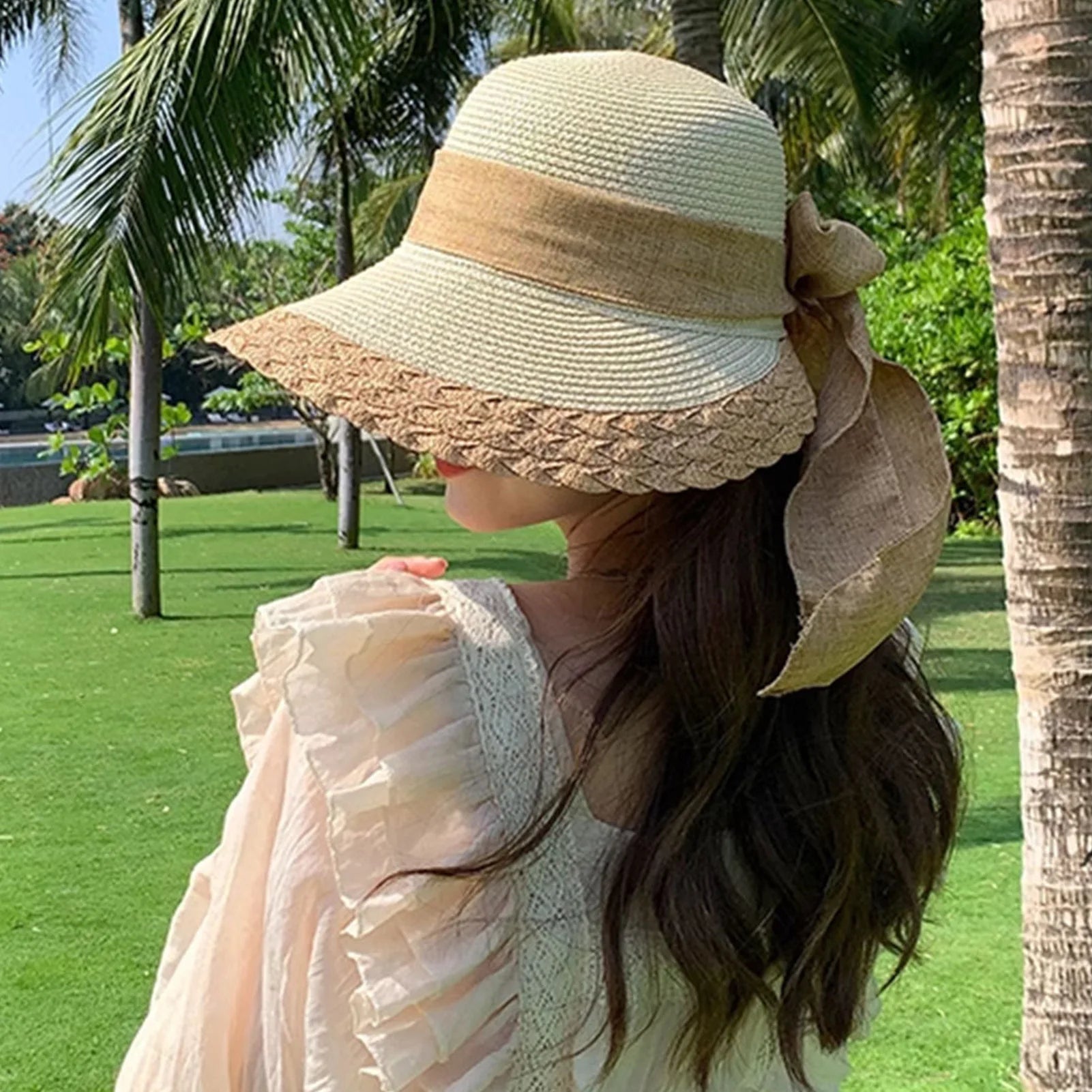 Women Wide Brim Straw Hat Lace Edge Design Beach Caps with Bowknot for Outdoor Sports Hiking Travel