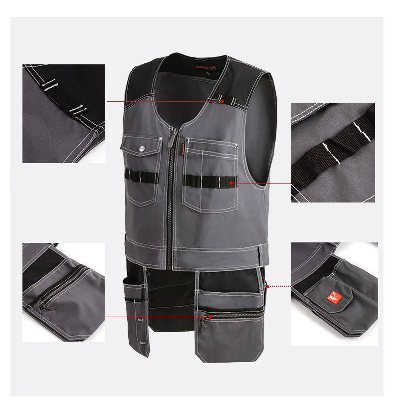 Work Clothing Men's Vest Tooling Clothes Multi-pockets Working Vest Workwear Vest Waistcoat For Maintenance Zipper Pockets
