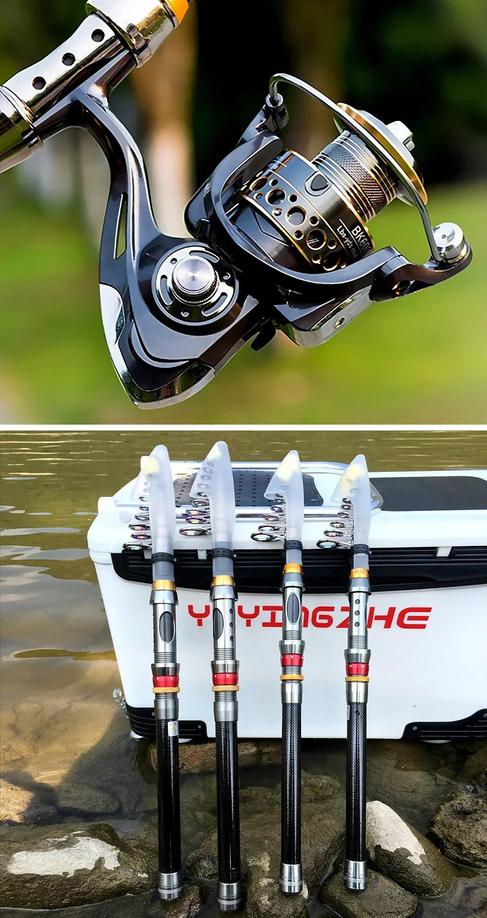 Spinning Fishing Rod and Reel Combo 1.8-3.6m Carbon Fiber Sea Pole and 5.2:1 Gear Ratio Metal Spool with Line Kits for Bass Carp