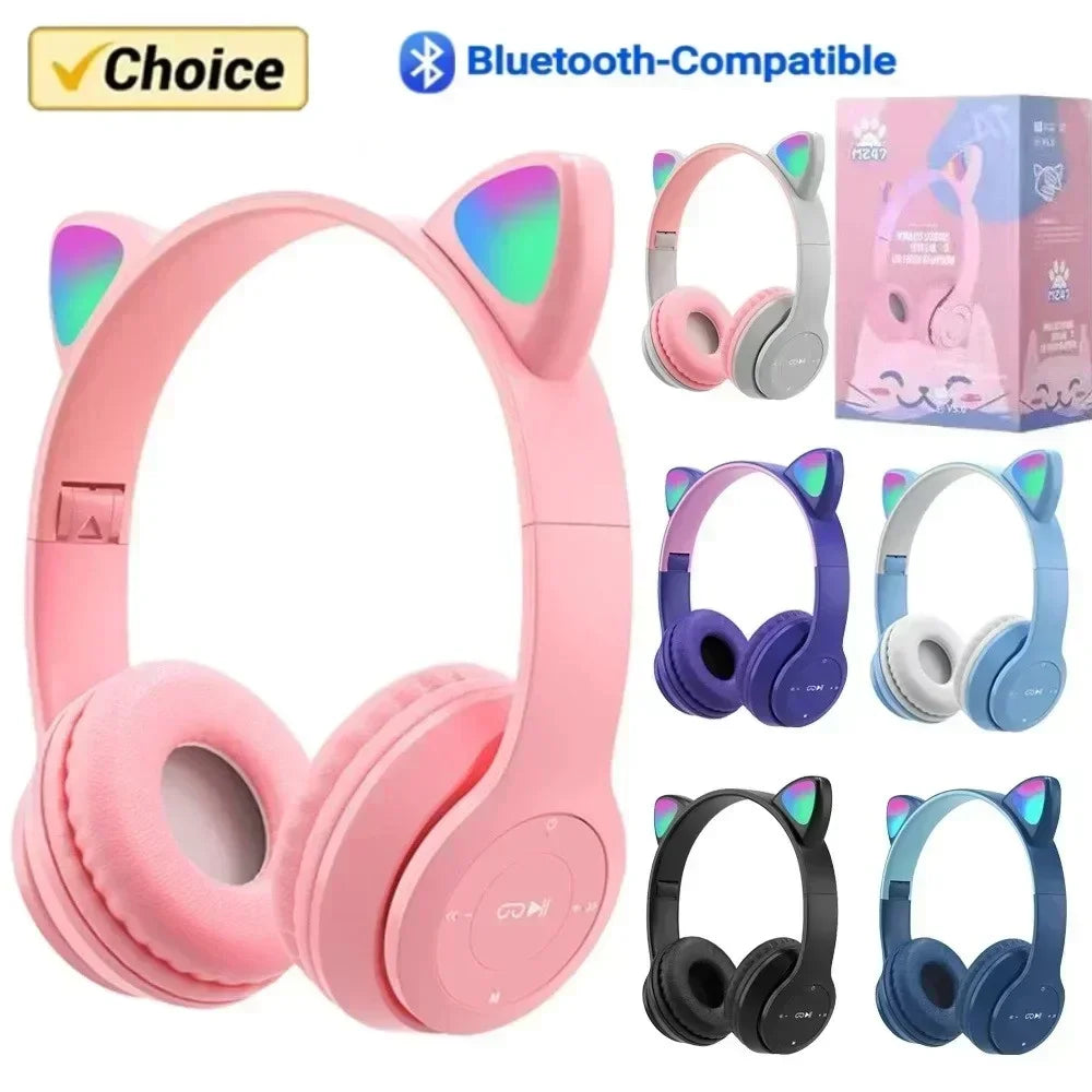 P47M Wireless Game Headphone Flash Light Cute Cat Ears Gaming with Mic Control LED Stereo Music Phone Bluetooth Headset Gift