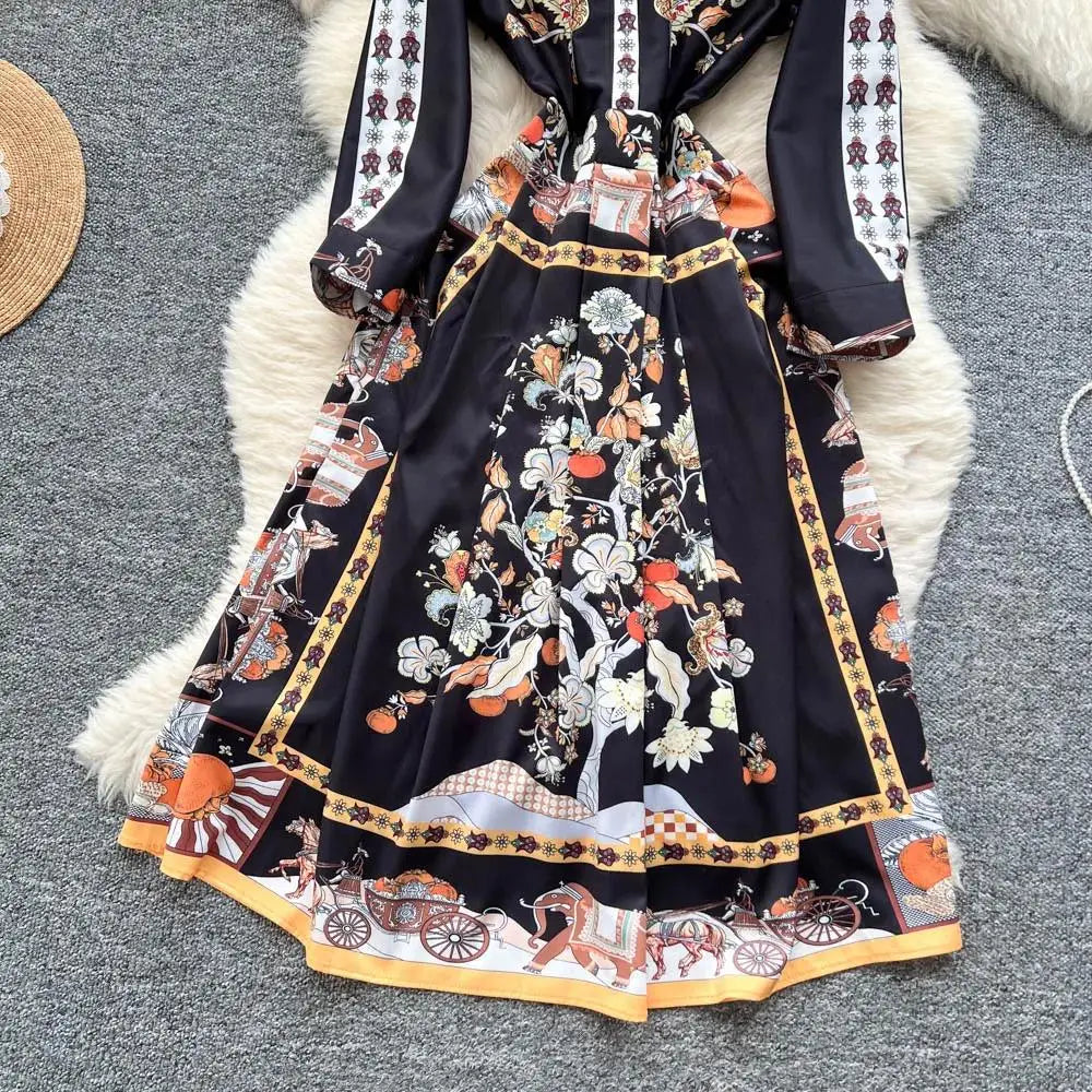 Fashion High-End Feeling Gown Dress Elegant European Court Style Long Printed Slimming New Women's Design Sensation Retro Summer