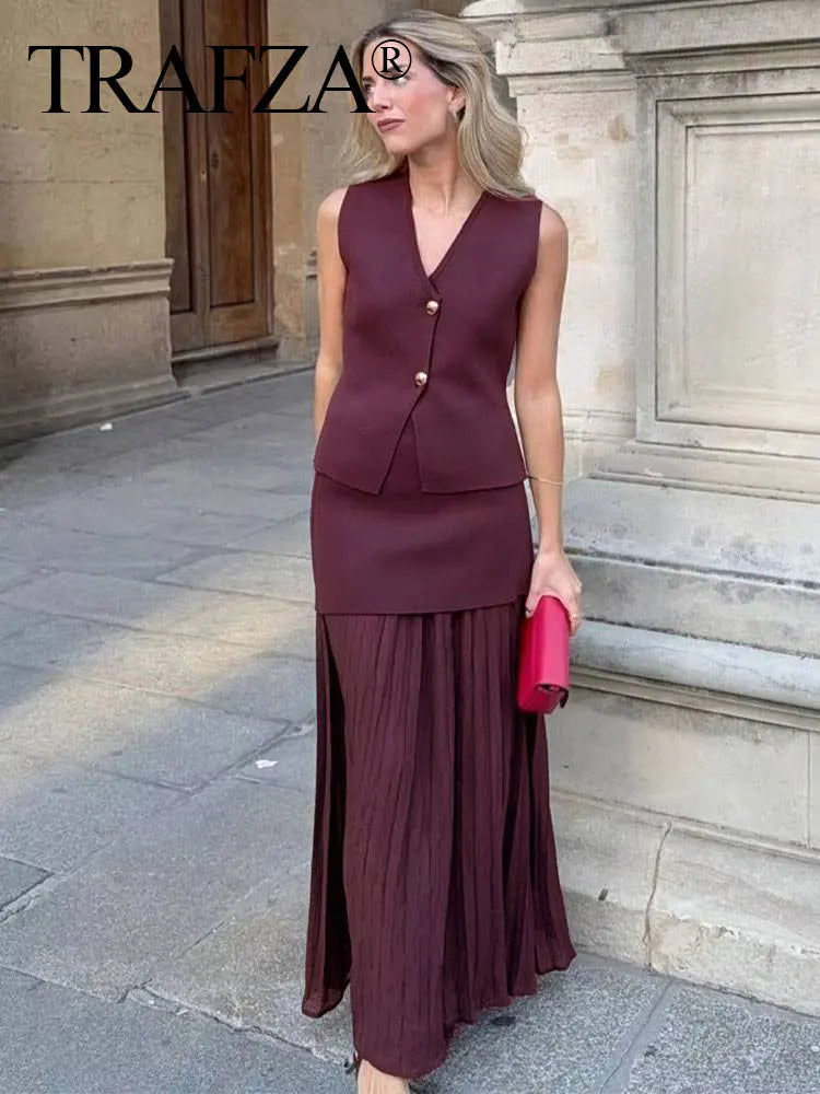 TRAFZA Women Skirt Set Wine Red Knitted V-Neck Sleeveless Slim Vest +Solid High Waist Zipper Patchwork Long Skirt Street