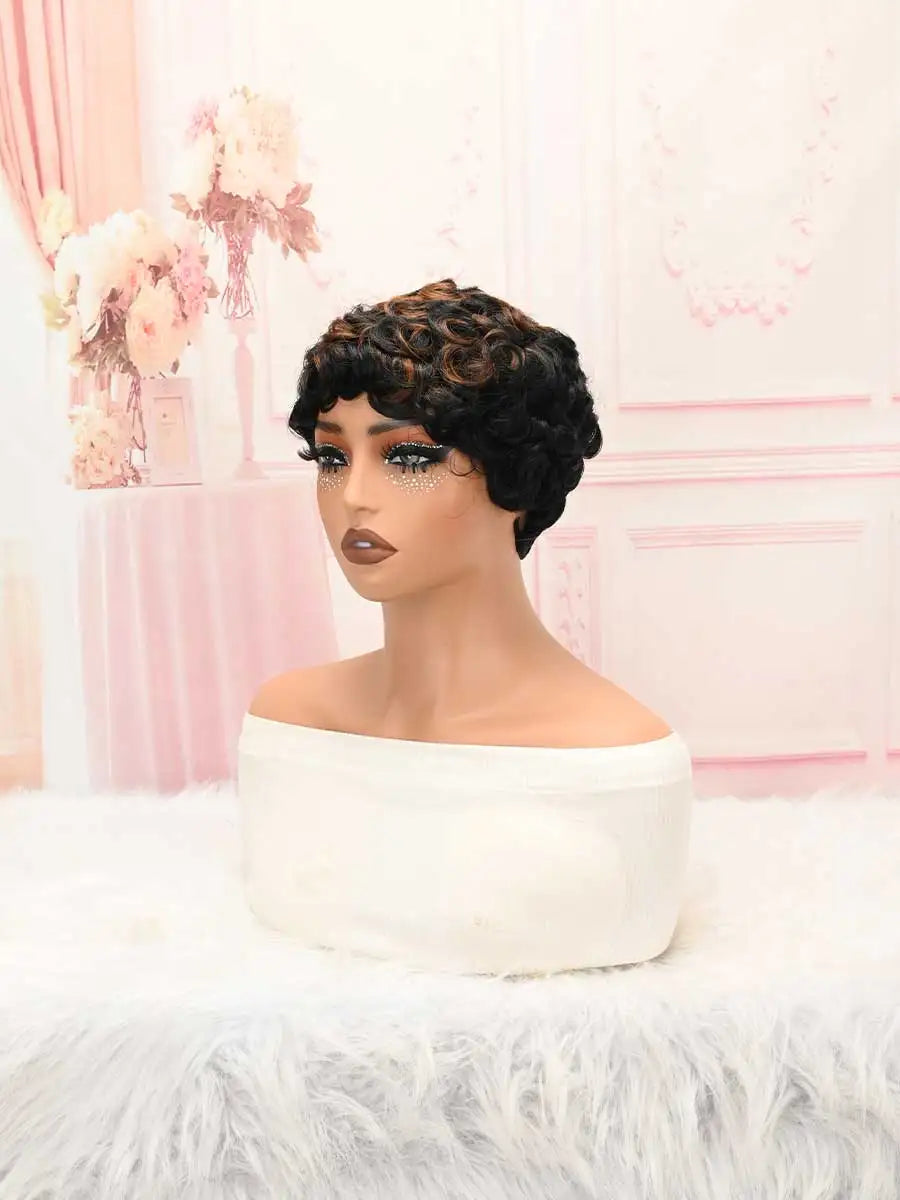 Ombre Brown Highlight Pixie Wave Wig Synthetic Short Finger Bangs Wig Women Daily Office Styling