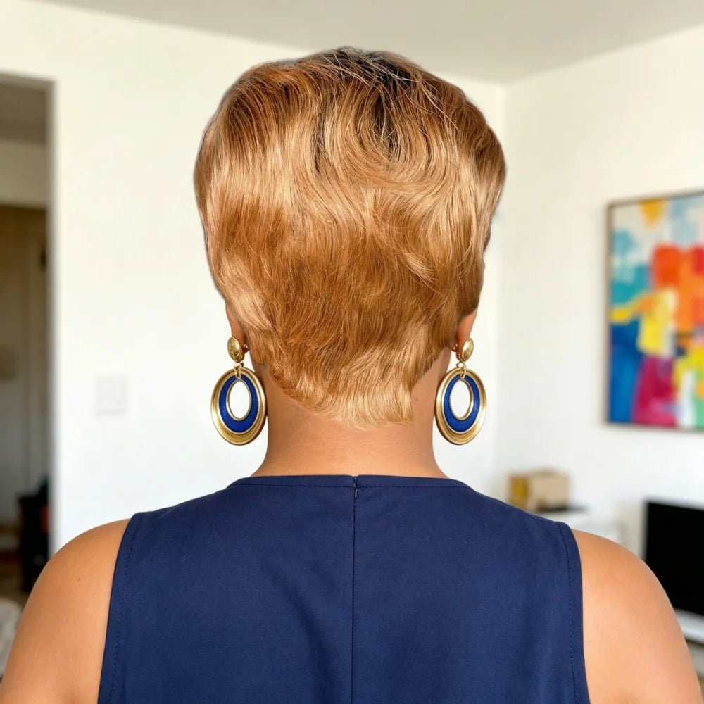 Ombre Honey Blonde Full Machine Made Human Hair Wig, Short Pixie Cut Human Hair Wigs, Fashion Short Hair Wig for Daily Summer