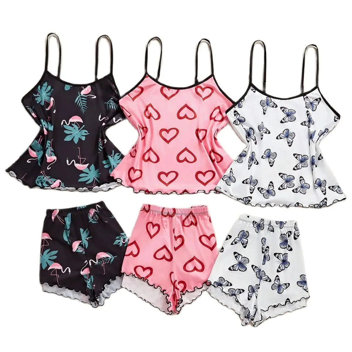Women's Pajamas Sets Ladies Lounge Wear Cami Top and Shorts Girl's Summer Sleepwear Butterfly Print Top with Pants for Women