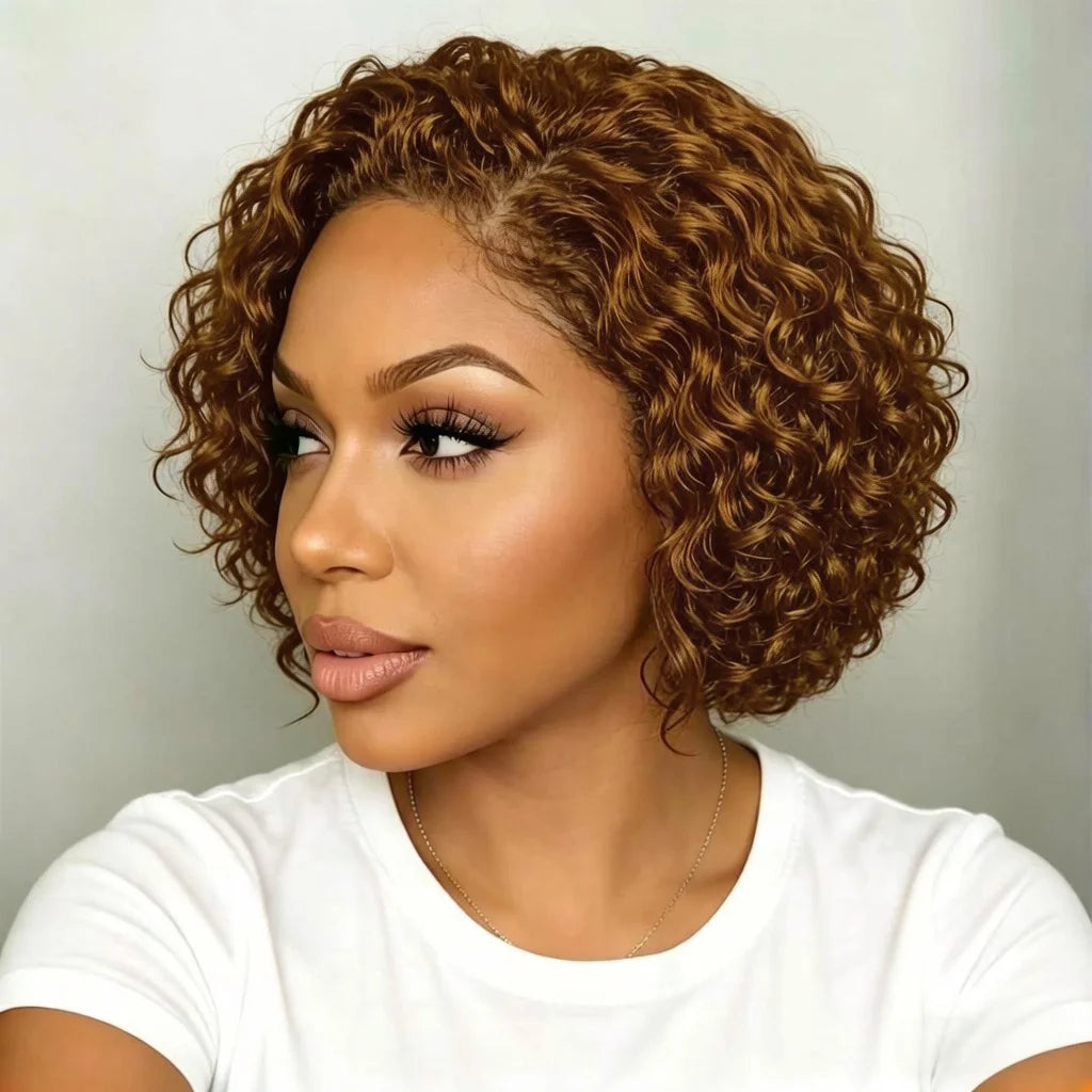 13x4 Lace Front Wig Pixie Cut Curly Brazilian Human Hair Wig 8 Inches Short Bob Wig For Women 180% Density