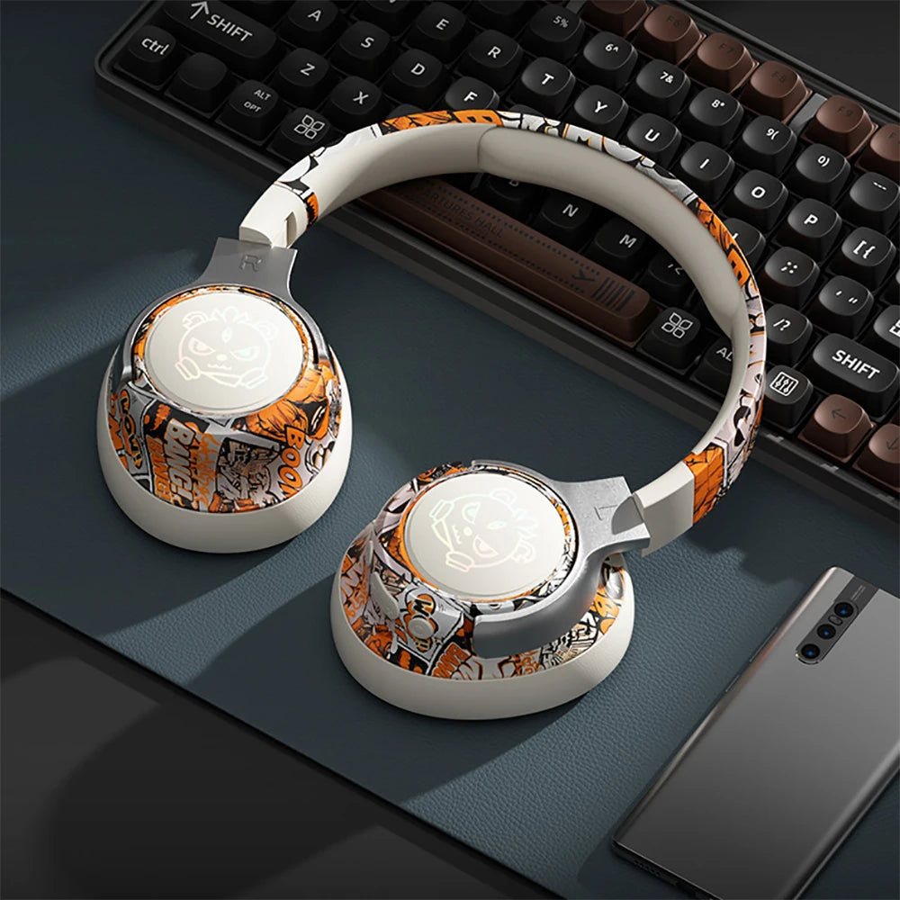 Bluetooth 5.3 Gaming Headset- RGB Lights Wireless Headphones, Low Latency Mode, Noise Cancelling Mic, Comfort Earmuffs for PC