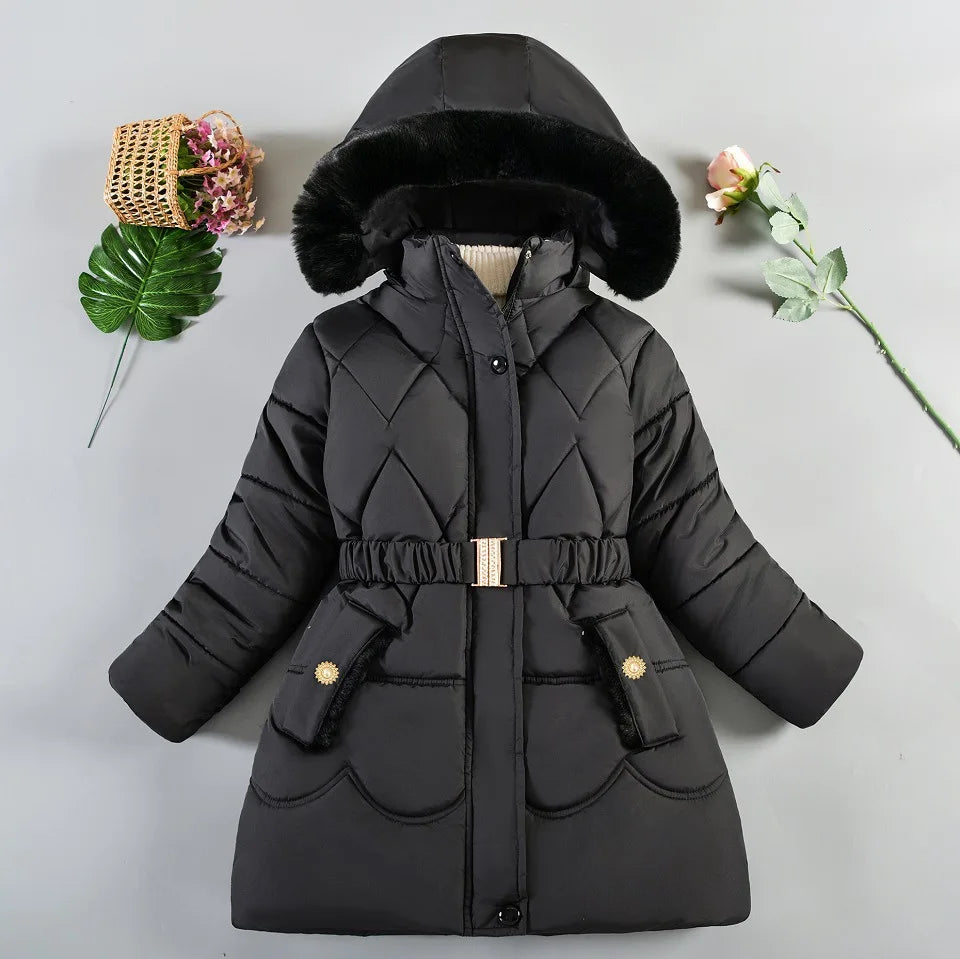 New Winter Keep Warm Girls Jacket Thick Solid Color Fur Collar Hooded Parkas Coat For 4-10 Years Kids Children Outdoor Outerwear