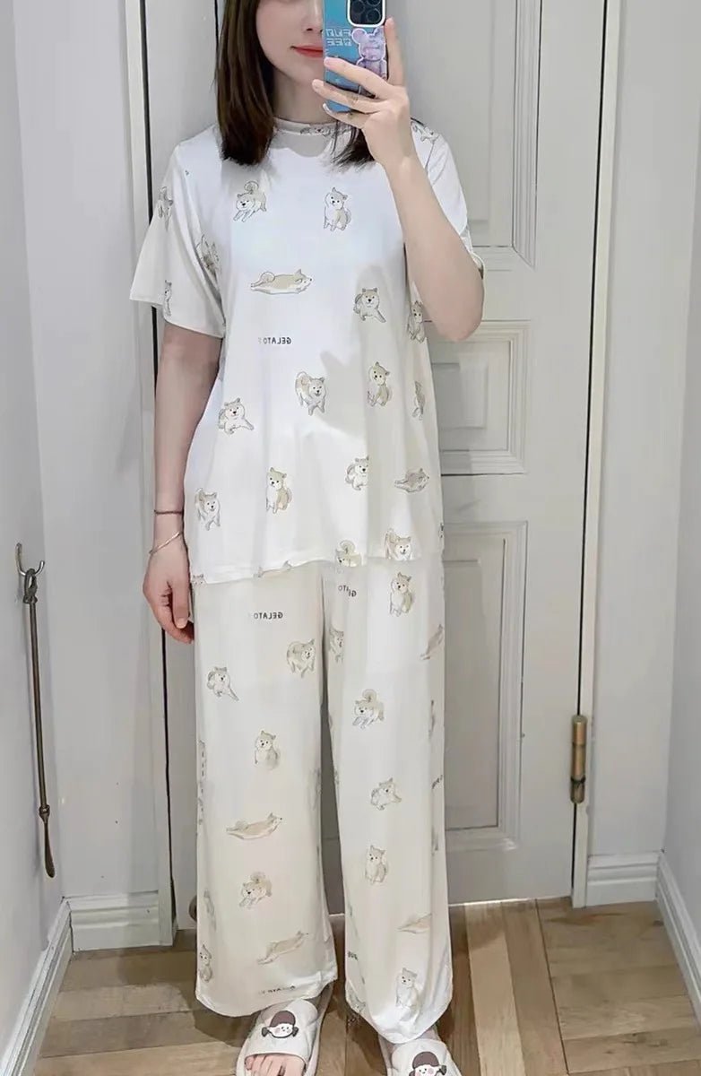 Sales Pajamas Set Women Room Wear Ladies Pajamas Ladies Cotton Shiba Inu Printed Lounge Wear