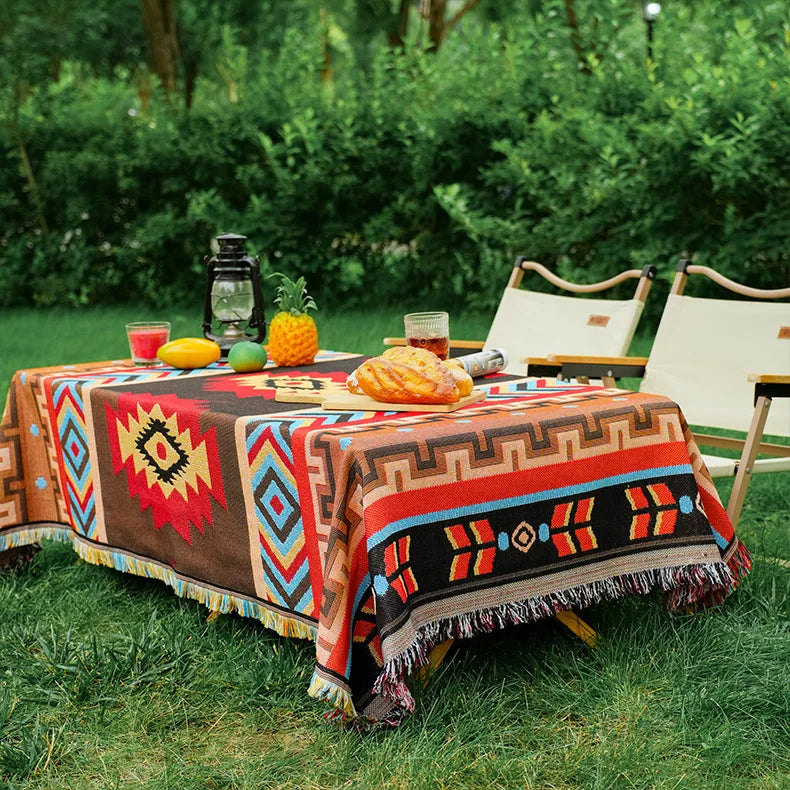 Mantel rectangular colorido estilo bohemio de tela de algodón y lino, mantel de decoración para camping al aire libre con diseño geométrico simple