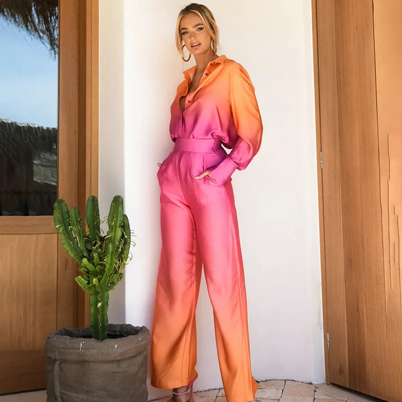 Elegant Women Two Piece Pants Set Casual Fashion Loose Long Sleeve Shirt Top High Waist Wide Leg Pants Suit Outfits Tracksuit