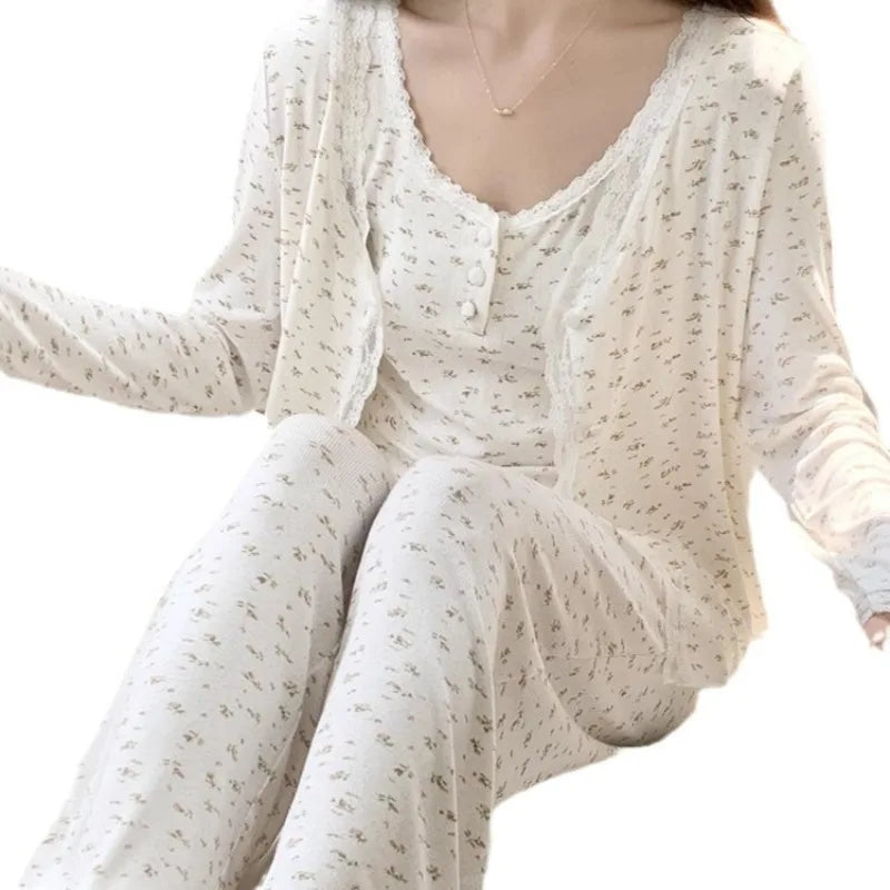 Three-Piece Pajama Set for Women Floral Lace Sweet Cardigan Camisole Homewear Long Sleeves Long Pants Fancy Underwear Ladies