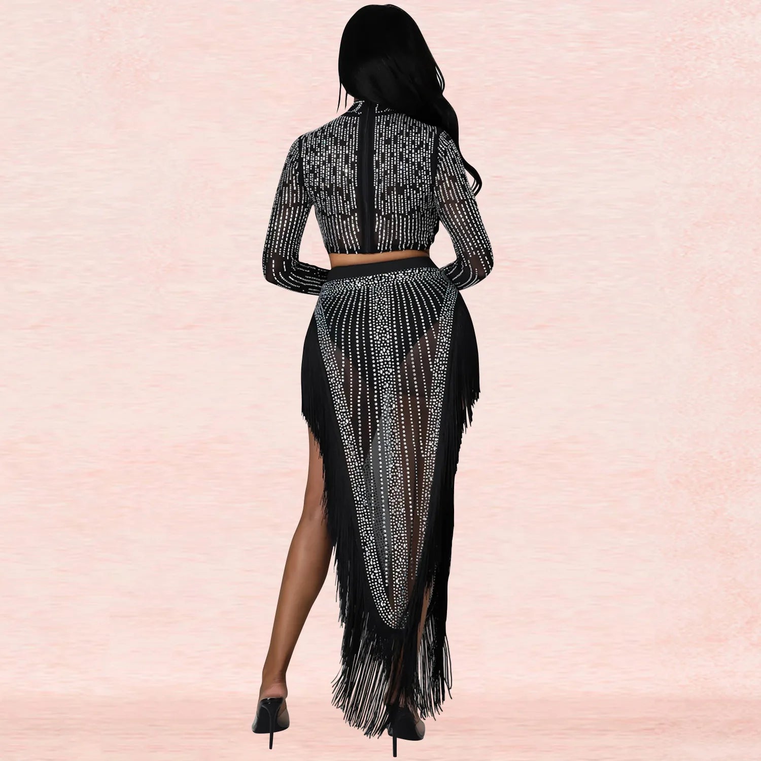 Skirt Set Women Two Piece Sets Dress Sets Mock Neck Matching Set Diamond Short Tops Party High Waist Long Skirts Sexy Hot Tassel
