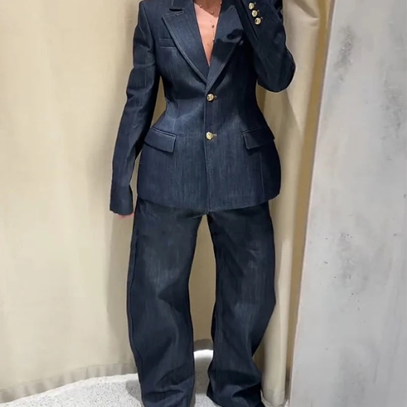 Elegant 3 Pieces Denim Blazer Long Pants Sets For Women Spring Single Breasted Suit Jacket Chic V-neck Vest Wide Leg Pants Suits
