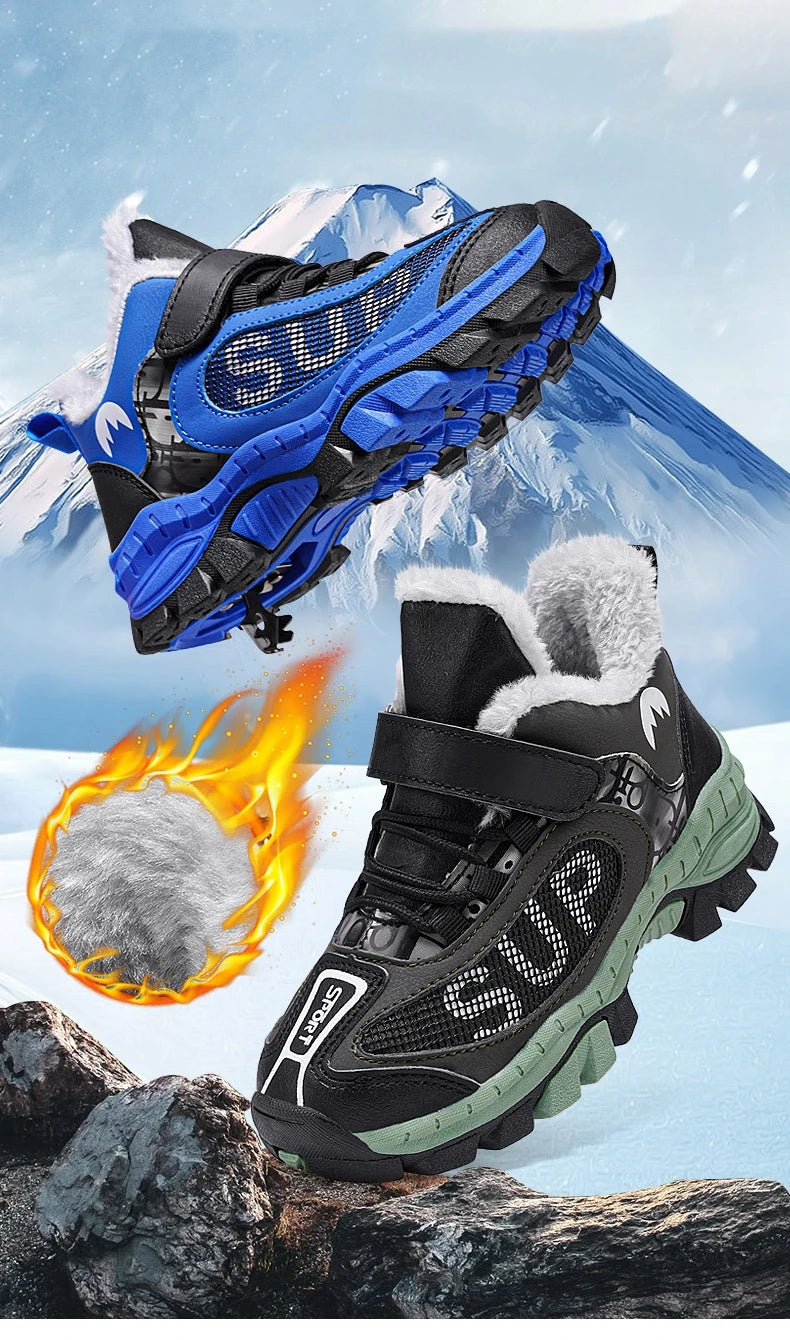 Winter Plus Velvet Hiking Shoes For Kids Non-slip Platform High Top Sports Shoes Boys Outdoor Warm Plush Children's Sneakers