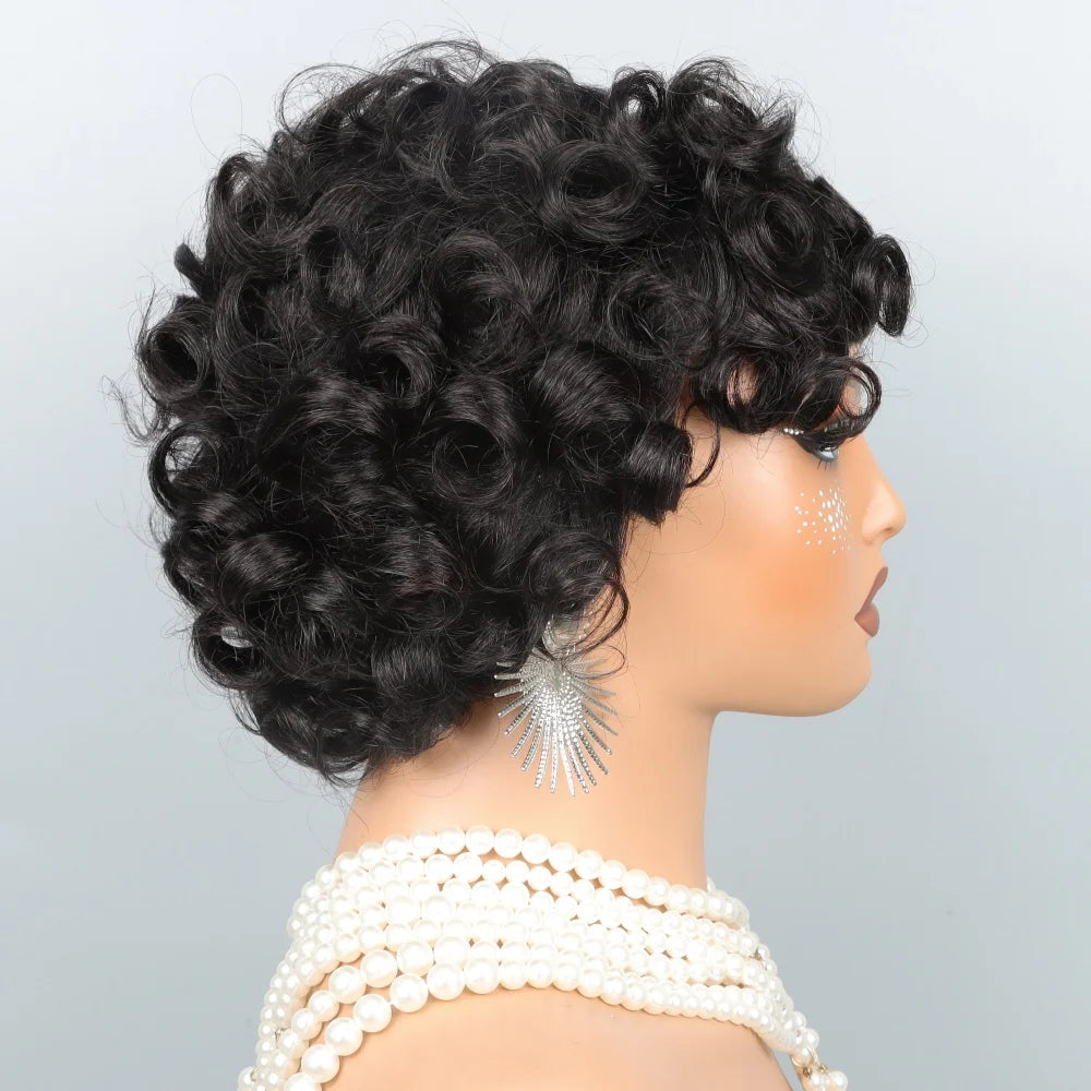 Short Layered Pixie Cut Curly Wigs With Bangs Human Hair Wigs For Black Women Short Curly Pixie Cut Wig Human Hair Machine Made