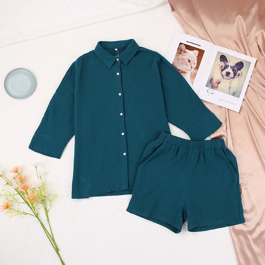 Cotton Pajamas For Women Sets Suit Casual Sleepwear Turn-Down Collar Nine Quarter Sleeve Sleep Tops Shorts Female Homewear 2023