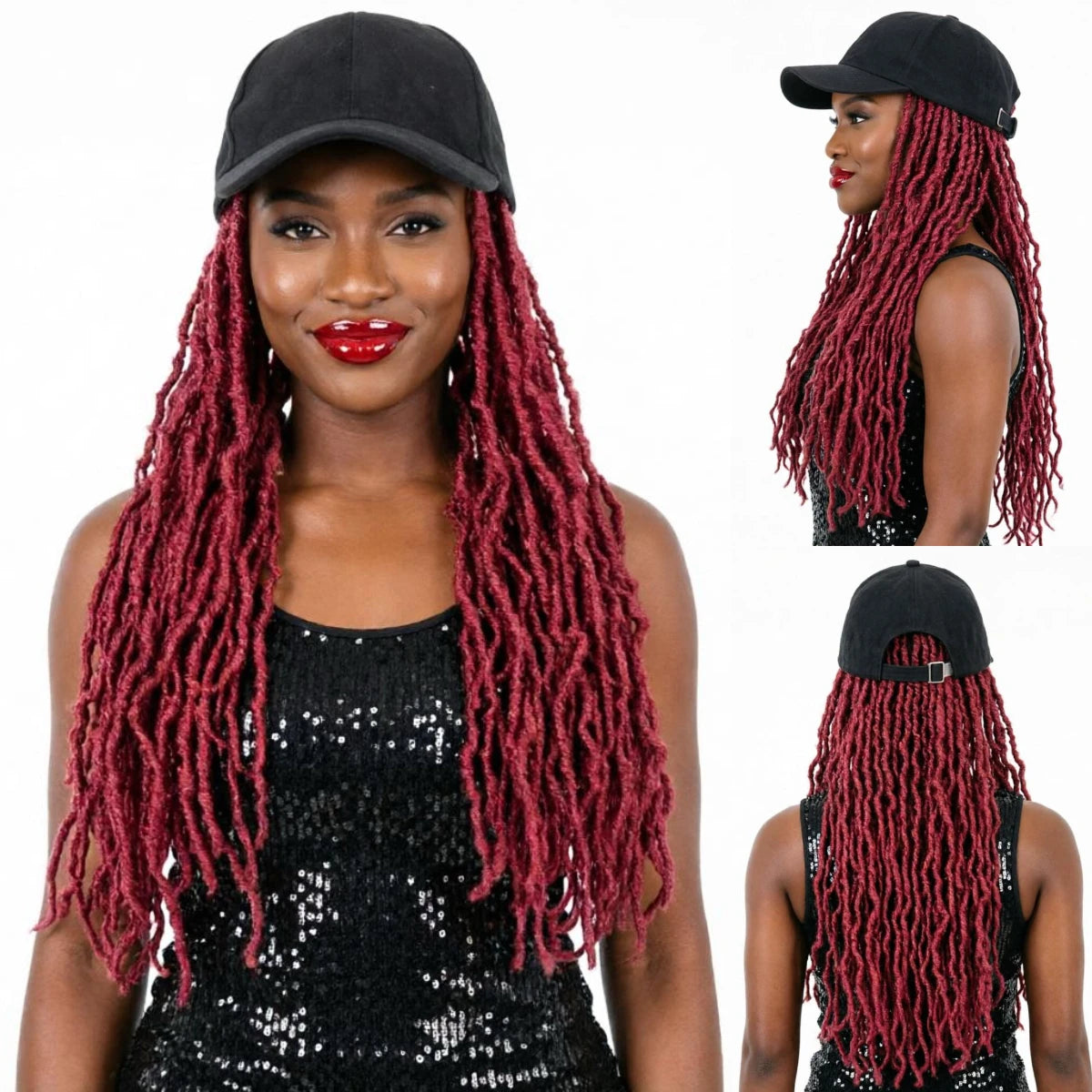 Peluca de gorra con trenzas tipo locs color borgoña