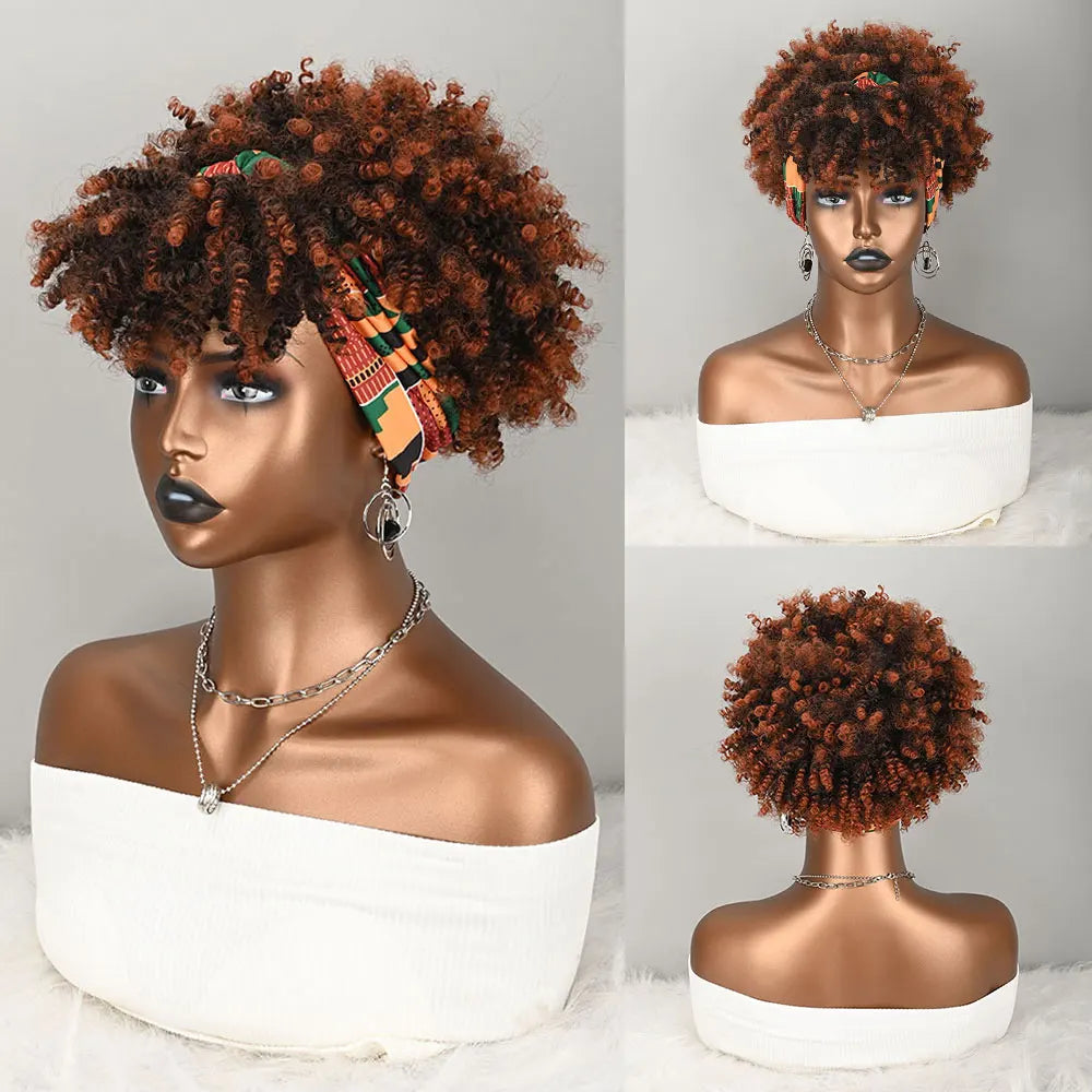 Perruque Courte Bouclée Afro Synthétique avec Bandeau pour Femmes Ombré Brun Crépue Bouclée Perruque avec Écharpe Imprimée Perruque sans Colle et sans Lacet Facile