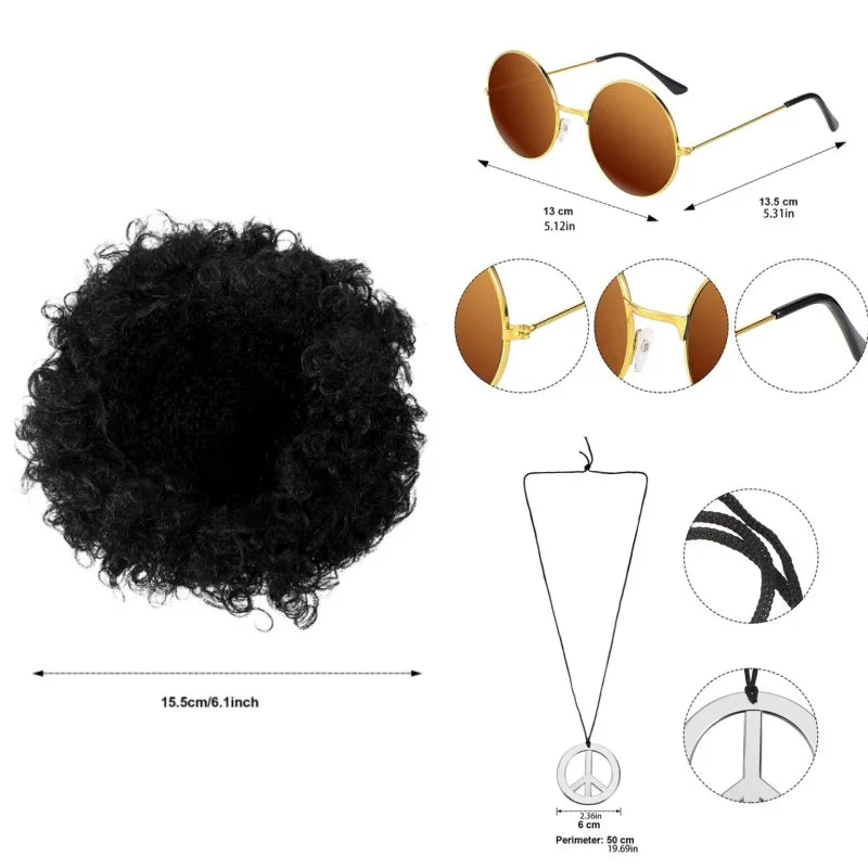 Perruque Synthétique Homme Chapeau Cheveux Bouclés Casquette Lunettes de Soleil Collier Set 3 Pièces Drôle Années 70 Disco Hippie Accessoires Cheveux Fête Costume de Danse Hip Hop