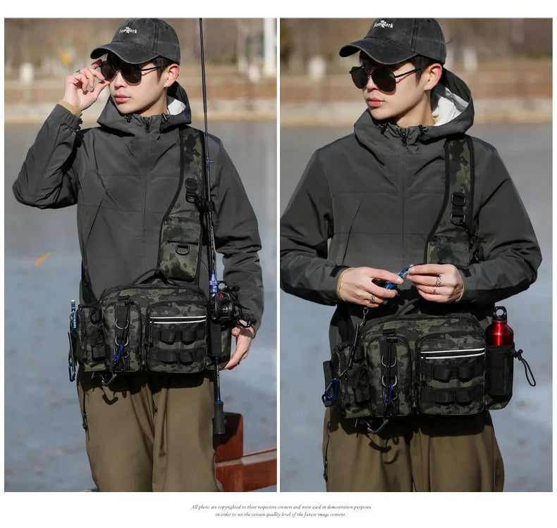 Fishing Tackle Backpack Lure Box Gear Storage Bag Fanny Pack for Men Fly Fishing Backpack with Rod Holder Sling Shoulder Bag