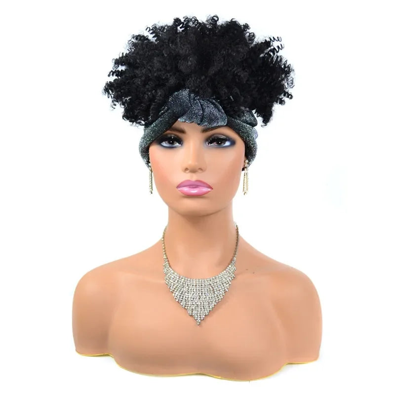 Fluffy Headband Wigs for Black Women Short Afro Kinky Curly Headwrap Wig High Temperature Natural Synthetic Headband Scarf Wig