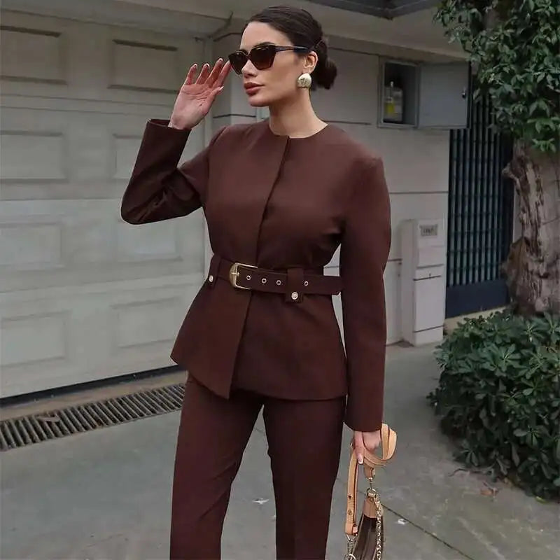 Elegant Women's Trouser Suits Long Sleeve O-Neck Top With Belt Solid Wide Leg Pants Female Suit 2025 Spring 2 Pieces Set Women