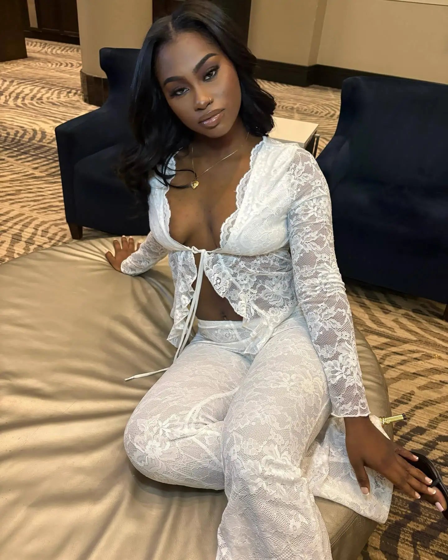 Pant Sets Women Two Pieces Cardigan Lace Sexy Tops Tracksuit Full Wide Leg Pants Loose Fit Casual Spliced High Waist Solid