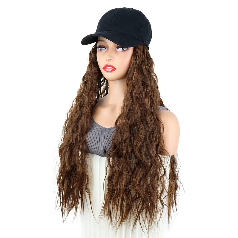 24Inch Synthetic Long Kinky Curly Hat Wig Baseball Cap Adjustable Breathable Hair Extension Wig for Women Easy to Wear
