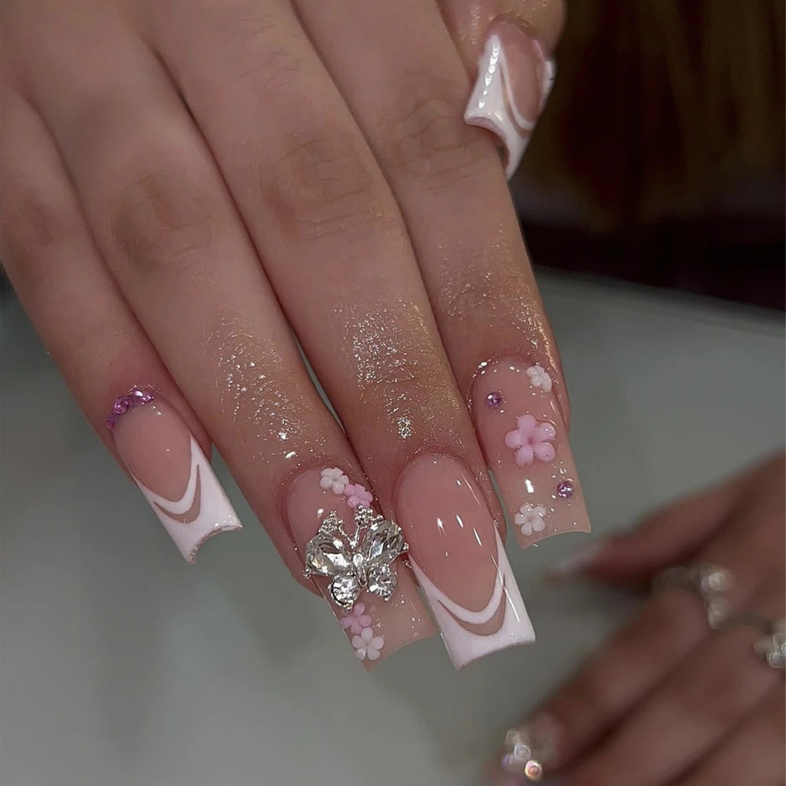 Light Pink Fake Nails with White Tip Ultra-flexible Long Lasting Fake Nails for Stage Performance Wear MIAO-US