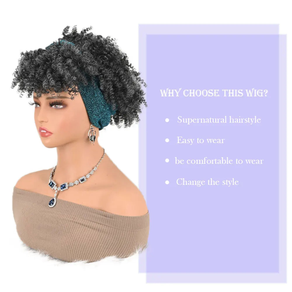 Pelucas de diadema para mujeres negras, pelucas sintéticas cortas, afro rizadas, pelucas grises con flequillo, peluca turbante 2 en 1
