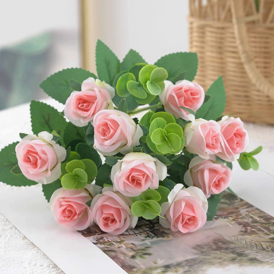 Artificial Flowers Vases Home Decor Outdoor Garden Festival Eucalyptus Leaves Fake Plants Wedding Party Silk Roses Bouquet Cheap