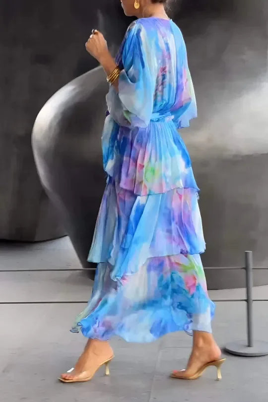 Vestido de mujer con estampado floral, multicapa, cuello en V, manga larga, estilo casual de verano