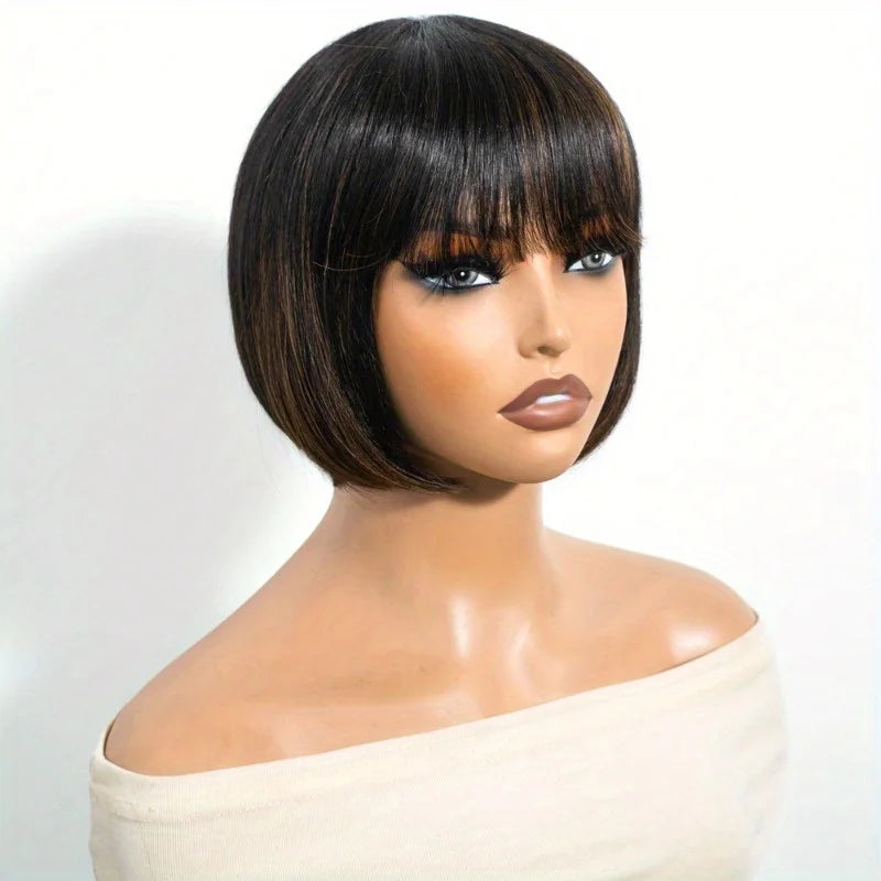 Rebecca Glueless Short Bob Wig with Bangs Dark Brown (1B/30), 8 Inch Natural Look, Machine-Made Human Hair Wig, Everyday Wear