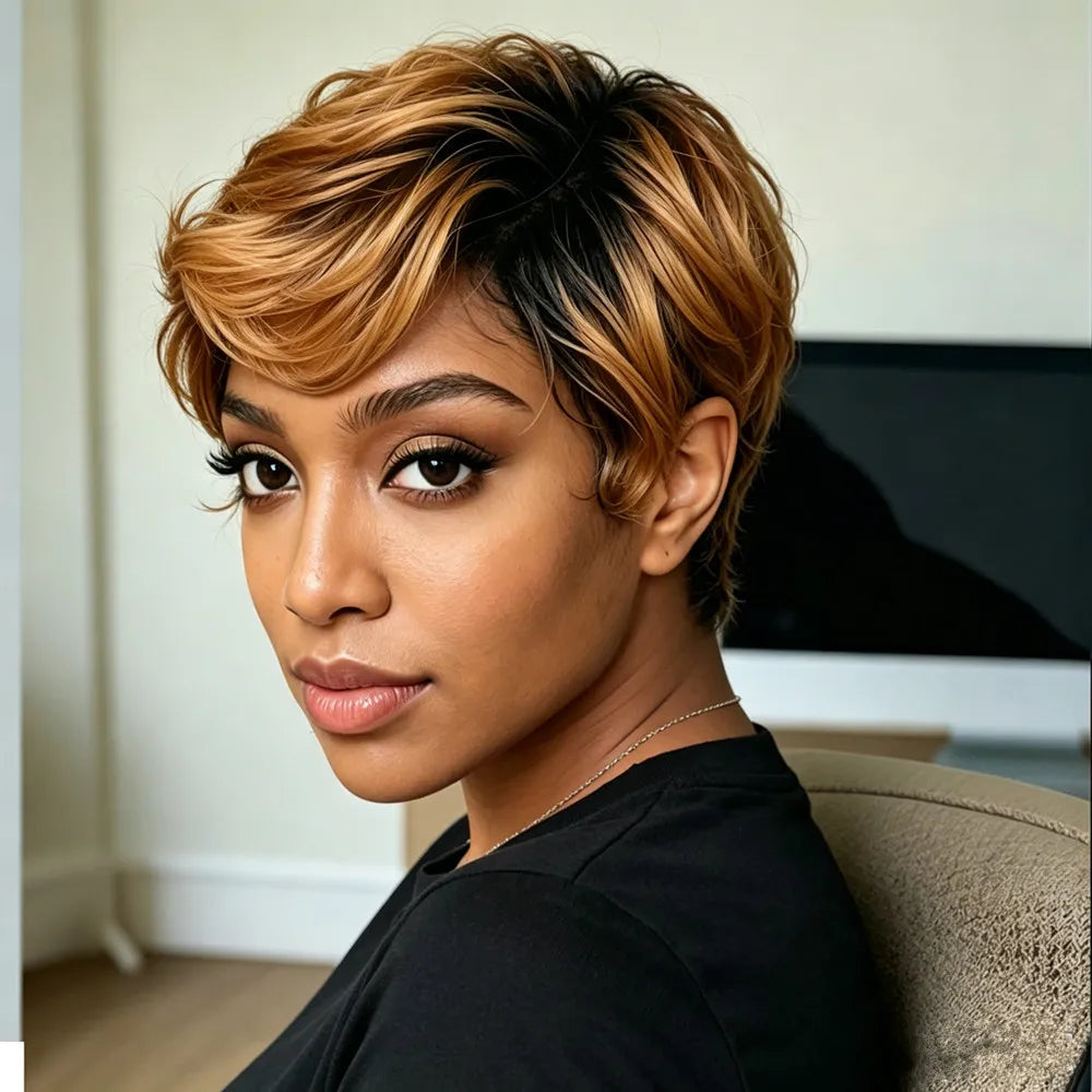 pixie cut wig150% density 4inch machine made pixie short curly 1B30 color human hair wig  for women 150% density daily party use