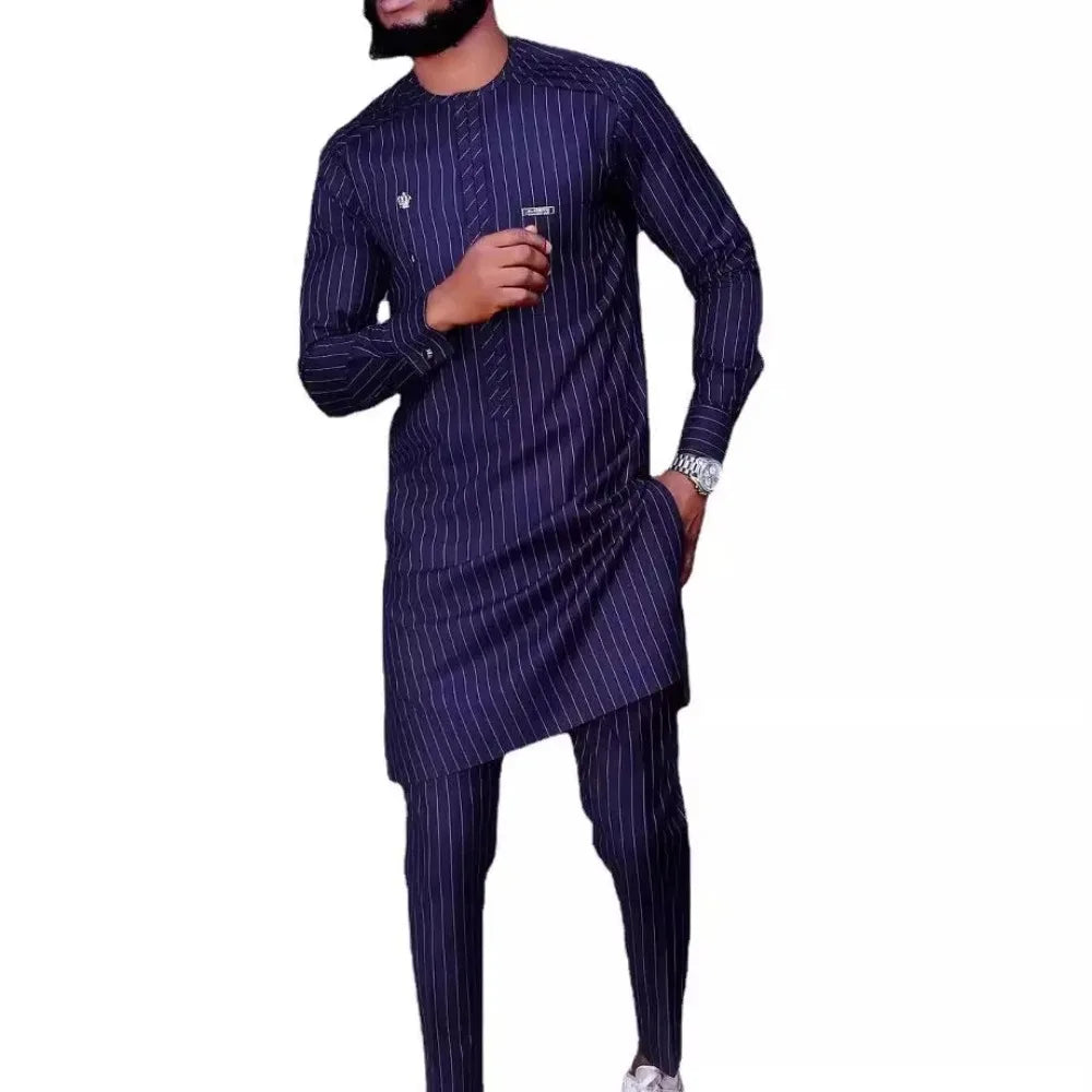 African Two Piece Set Men Outfits Pocket Splice Long Sleeve Round Collar Top Slim Pants Business Suit Africa Summer Gentleman