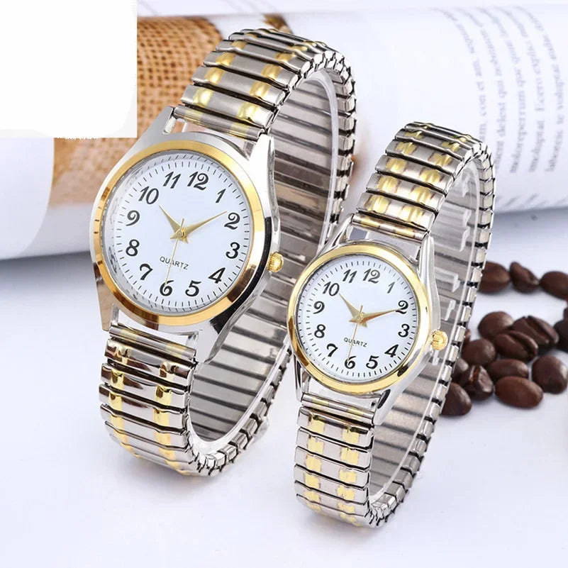 Relojes de pulsera para hombre y mujer, correa de acero inoxidable, aleación, para amantes, movimiento de cuarzo, correa elástica