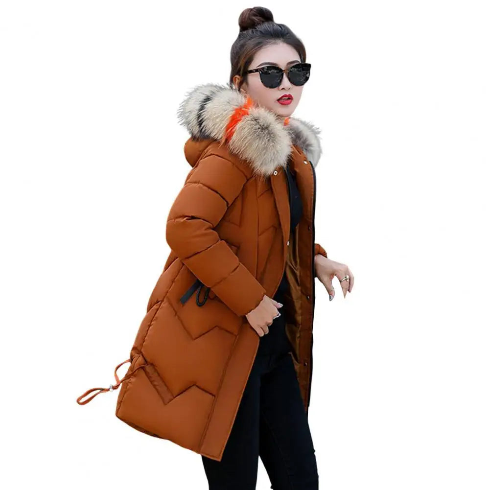 Hooded Cotton Jacket Stylish Winter Women's Cotton Jacket with Furry Hood Neck Protection Mid Length Zipper for Windproof