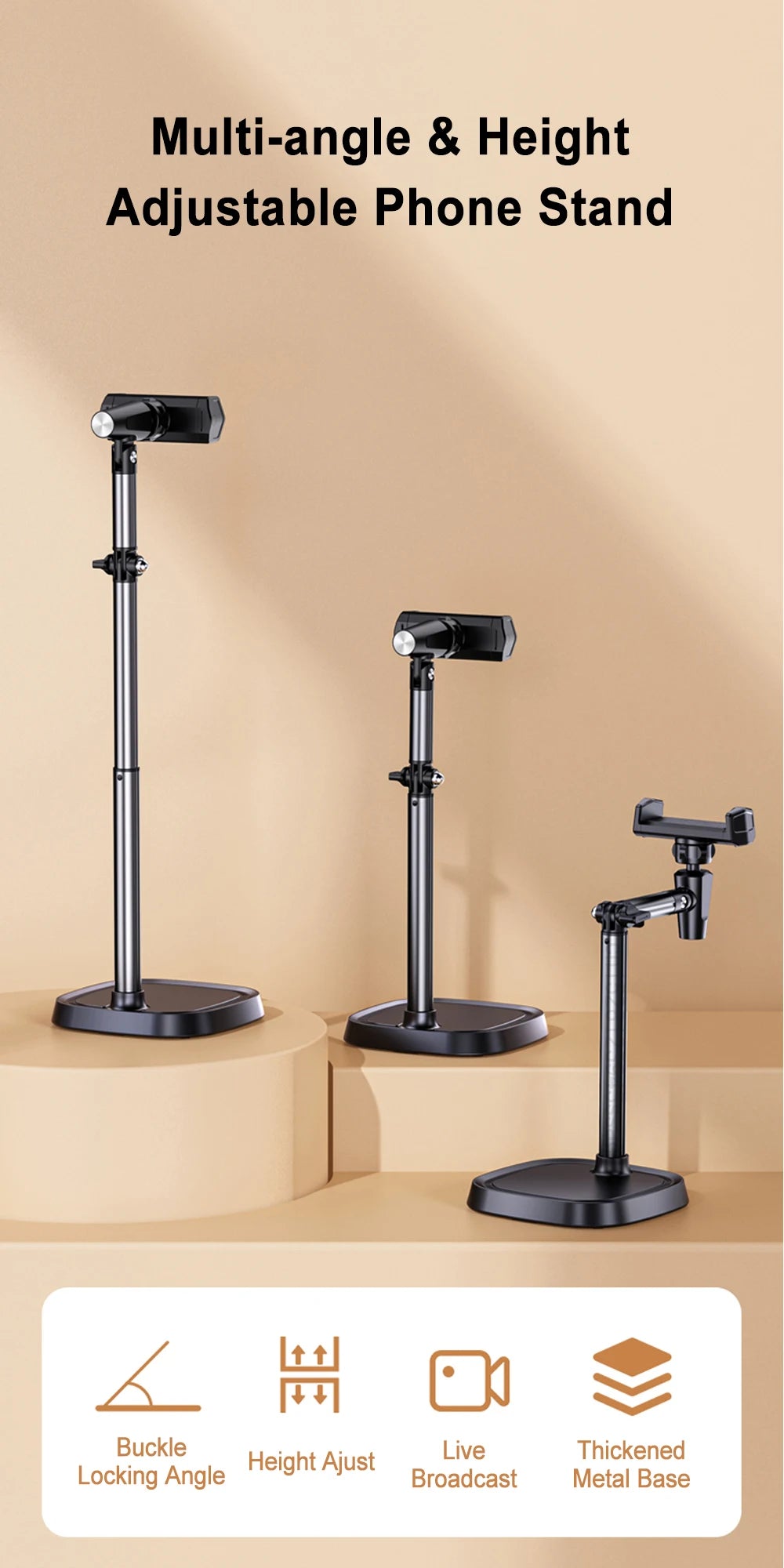 Phone Holder Height Adjustable Phone Holder for Live Broadcast, Portable Folding Multi-Angle Adjustable Stand for Cell Phone