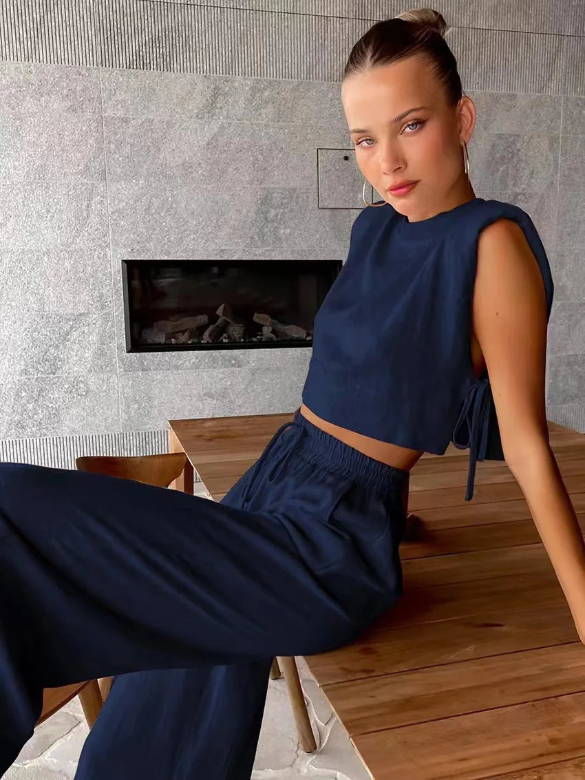 Cotton And Linen Pant Sets Women Sleeveless Leace-up Short Tops Drawstring Long Pants Two Piece Set Commuting 2025 Summer New