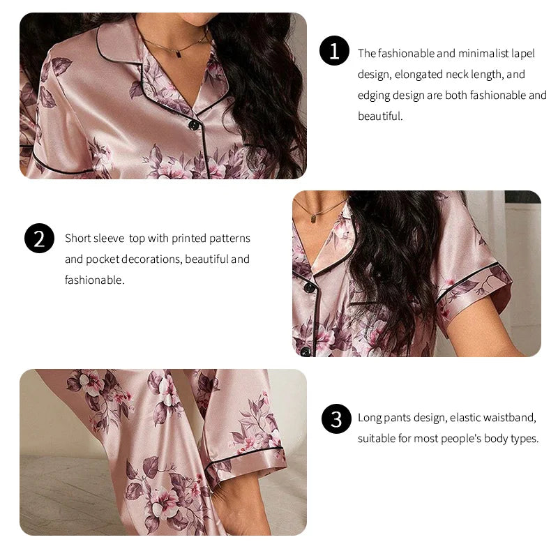 Pijama de satén elegante para mujer, conjunto de pijama con estampado floral, top de manga corta con botones y solapa, y pantalón largo para dormir o estar en casa