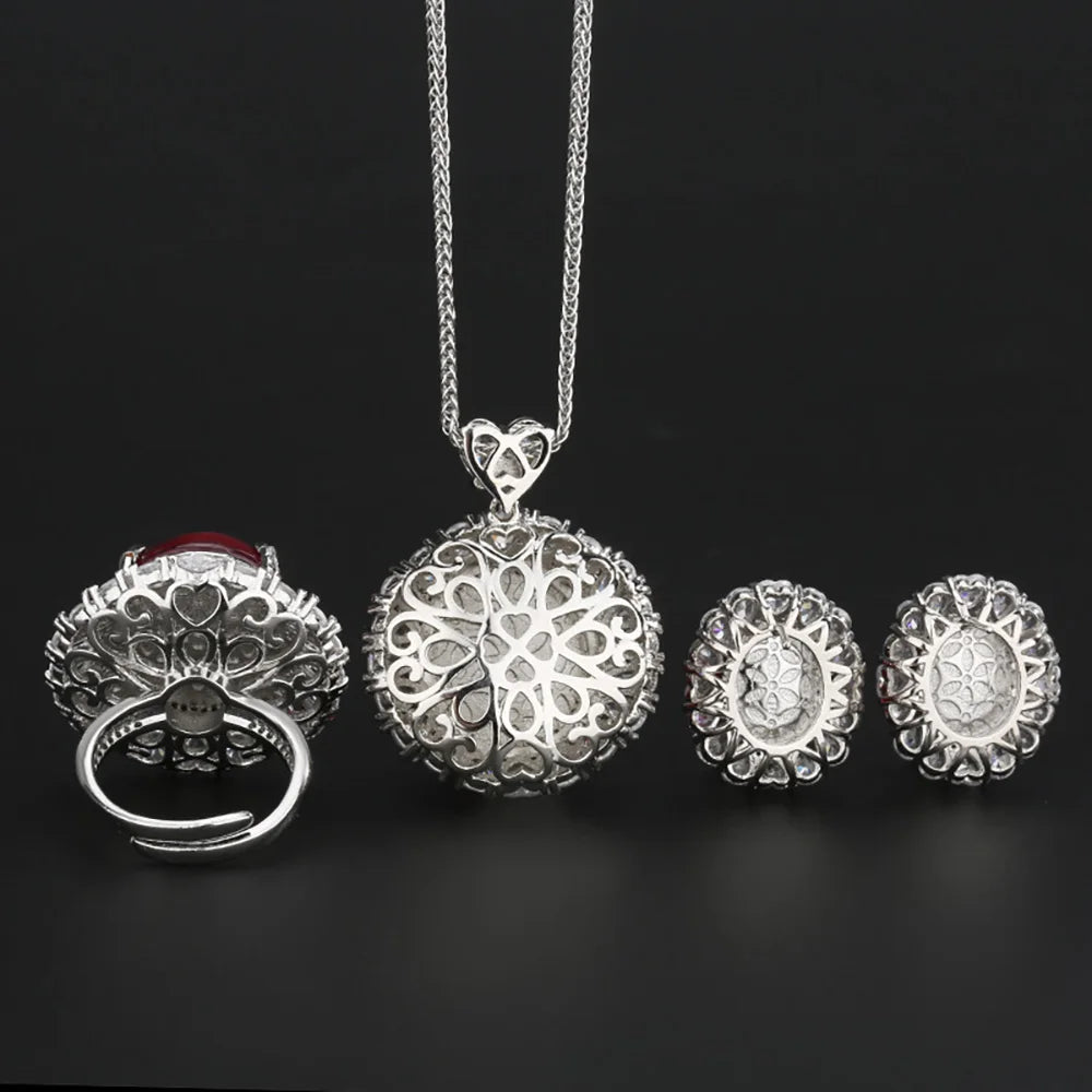 Women's Fine Jewelry Set Retro Lab Ruby Gemstone Necklace Pendant Ring Stud Earrings Wedding Party Accessories Anniversary Gift
