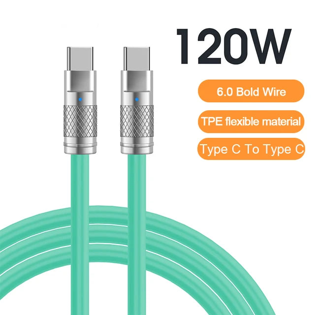 Cable de datos USB C de silicona líquida de carga súper rápida 120W 6A para iPhone 14 15 Huawei Samsung Xiaomi Cargador rápido Tipo C