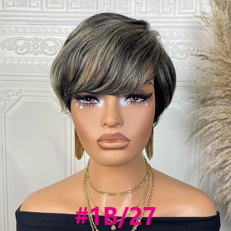 Short Straight Human Hair Wigs Highlight Color Brazilian Remy Hair Pixie Cut Wig Cheap Human Hair Machine Wig For Black Women