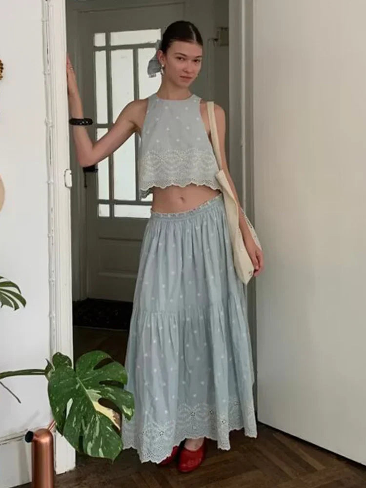 Sleeveless Top Skirt Two Pieces Matching Set for Women Light Blue Vintage Skirt Set French Style Embroidery Cotton Dress Set